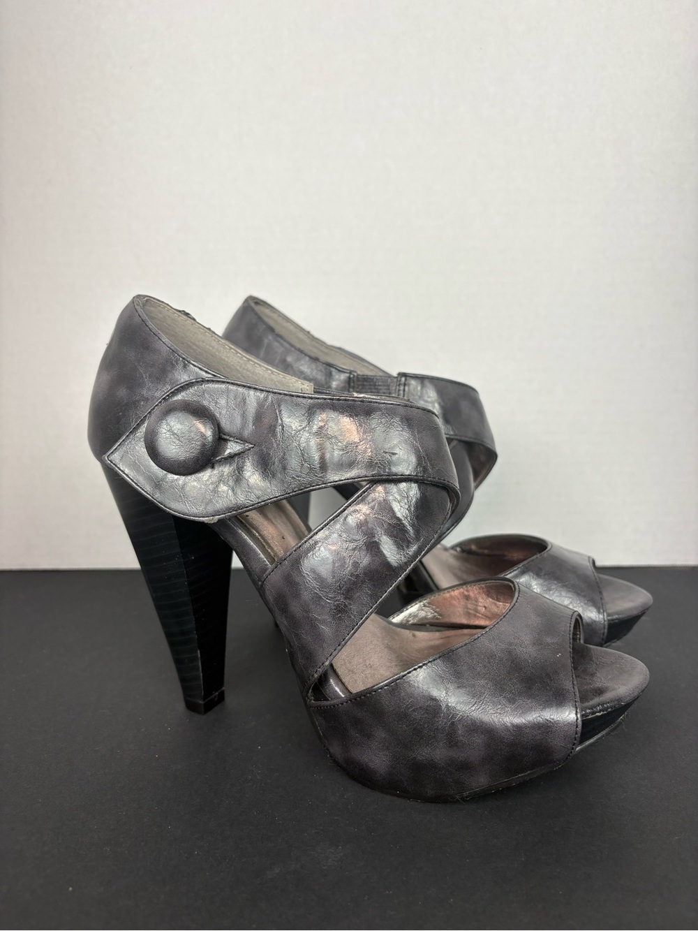 Crisscross Open-Toe Heels in Charcoal